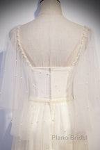 Light Champagne Short Sleeves Long Wedding Party Dresses, Cute Formal Prom Dresses