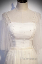 Light Champagne Short Sleeves Long Wedding Party Dresses, Cute Formal Prom Dresses