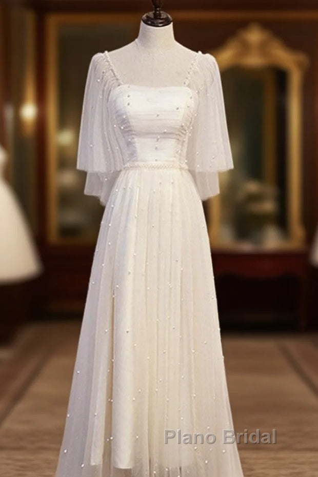 Light Champagne Short Sleeves Long Wedding Party Dresses, Cute Formal Prom Dresses