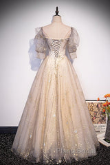 Light Champagne Short Sleeves Tulle Long Formal Dresses, A-Line Floor Length Party Dresses