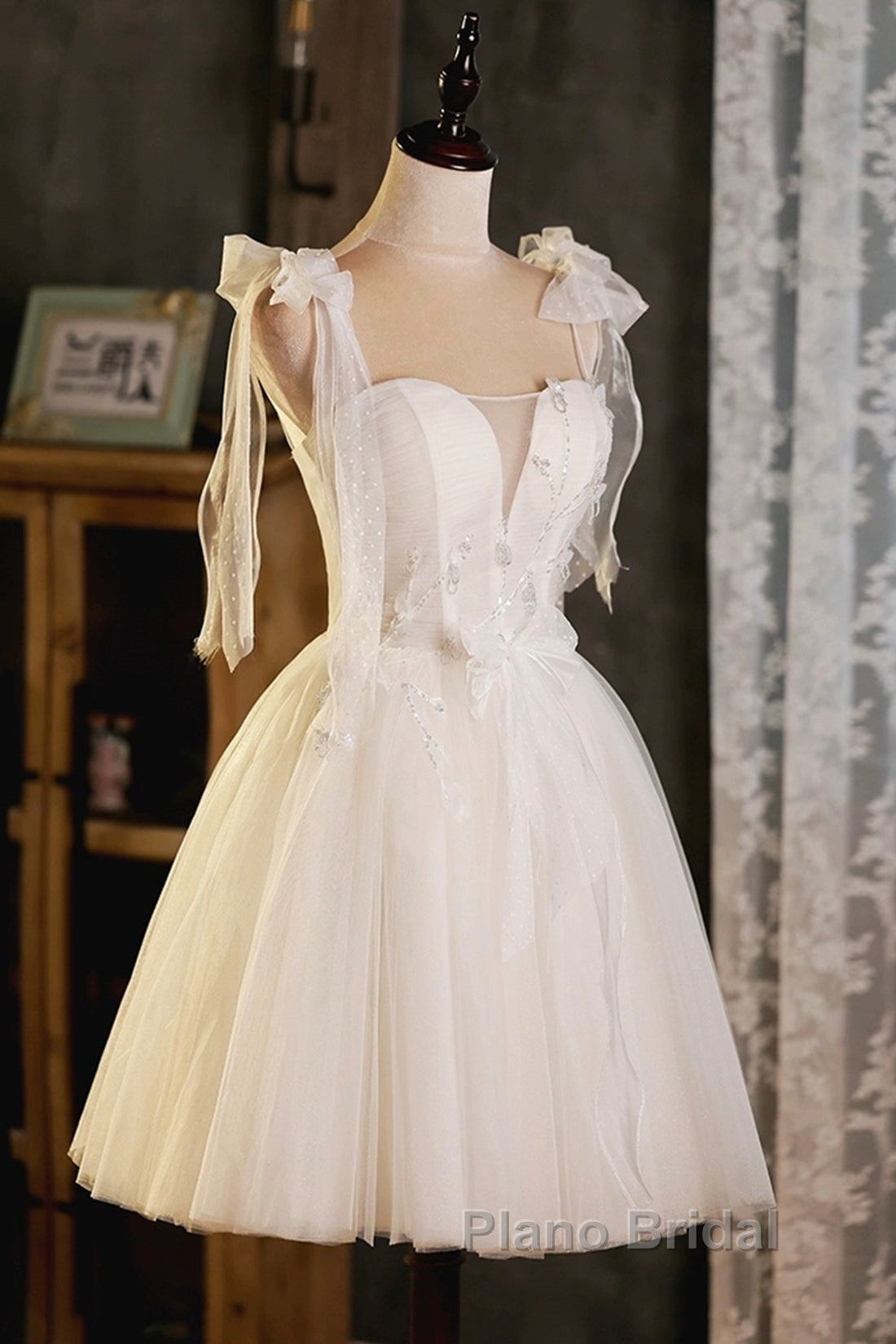 Light Champagne Spaghetti Strap Short Formal Prom Dresses, Cute A-Line Tulle Evening Party Dresses Secondary image