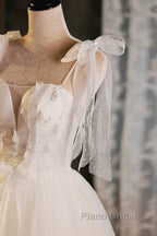 Light Champagne Spaghetti Strap Short Formal Prom Dresses, Cute A-Line Tulle Evening Party Dresses