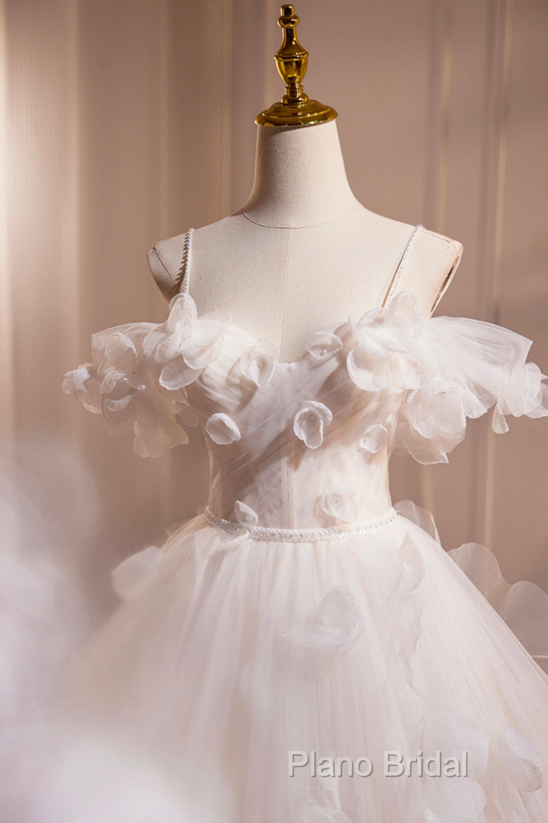 Light Champagne Spaghetti Strap Tulle Long Formal Prom Dresses, Beautiful A-Line Formal Dresses