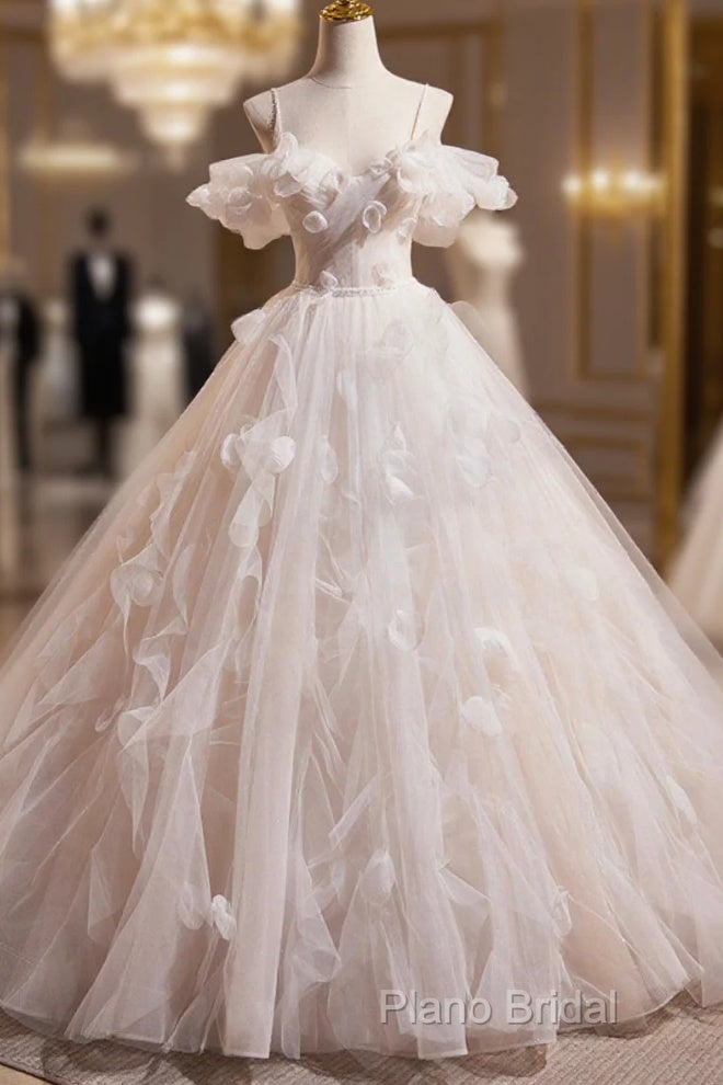 Light Champagne Spaghetti Strap Tulle Long Formal Prom Dresses, Beautiful A-Line Formal Dresses Main image