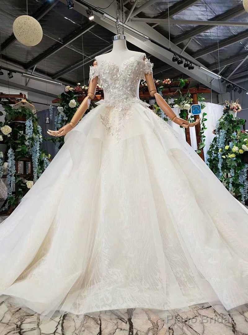 Light Champagne Tulle Appqliues Off the Shoulder Luxury Wedding Dress Main image