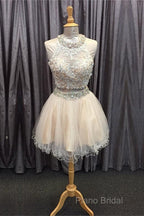 Light Champagne Tulle Lace Beading Homecoming Dresses Two Piece Style