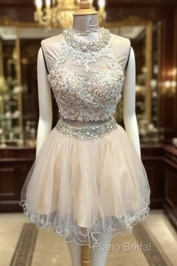 Light Champagne Tulle Lace Beading Homecoming Dresses Two Piece Style Main image