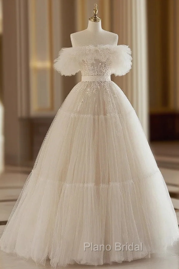 Light Champagne Tulle Lace Floor Length Formal Prom Dresses, Beautiful A-Line Evening Party Dresses Main image