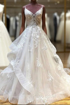 Light Champagne Tulle Lace Long Formal Prom Dresses Lace Long Wedding Dresses