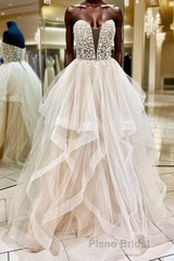 Light champagne tulle lace long Formal Prom dress tulle formal dress