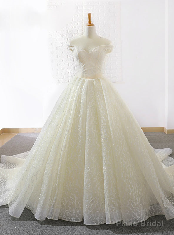 Light Champagne Tulle Off The Shoulder Train Wedding Dress Main image