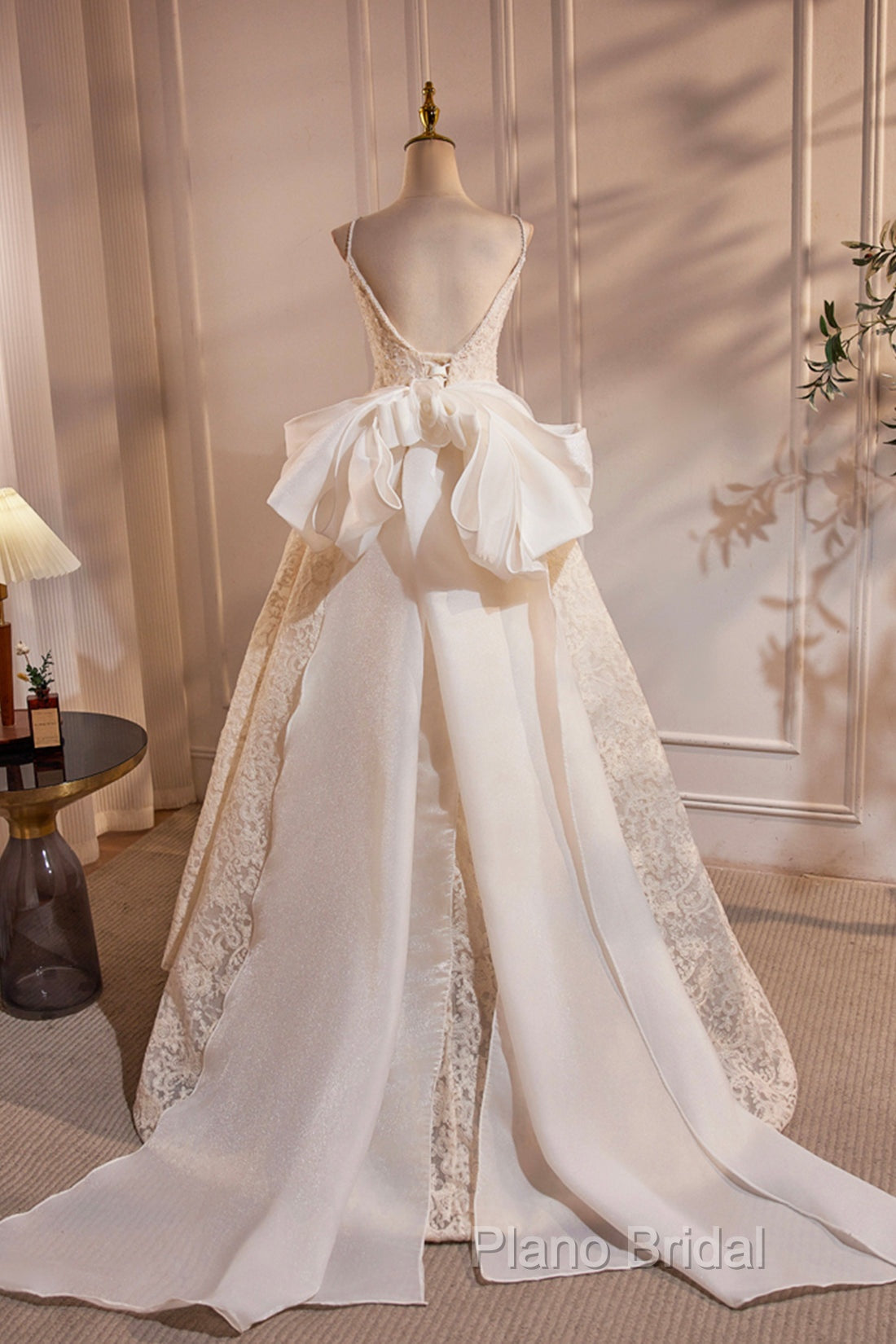 Light Champagne V-Neck Lace Long Formal Prom Dresses, A-Line Spaghetti Straps Backless Party Dresses With Bow Secondary image