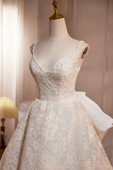 Light Champagne V-Neck Lace Long Formal Prom Dresses, A-Line Spaghetti Straps Backless Party Dresses With Bow