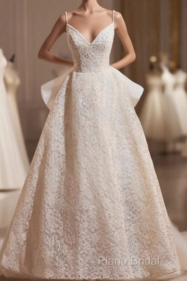 Light Champagne V-Neck Lace Long Formal Prom Dresses, A-Line Spaghetti Straps Backless Party Dresses With Bow Main image