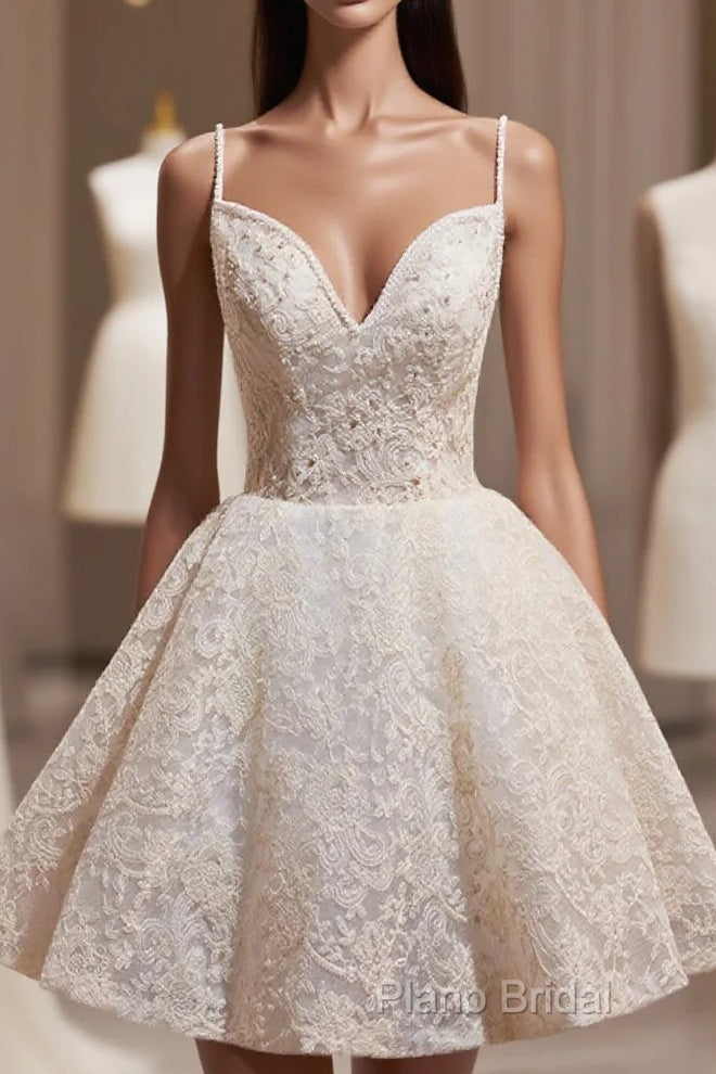 Light Champagne V-Neck Lace Short Formal Prom Dresses, A-Line Spaghetti Straps Backless Party Dresses With Bow Main image