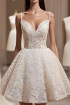 Light Champagne V-Neck Lace Short Formal Prom Dresses, A-Line Spaghetti Straps Backless Party Dresses With Bow