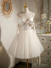 Light Champagne V neck Tulle Short Prom Dress, Tulle Puffy Homecoming Dress