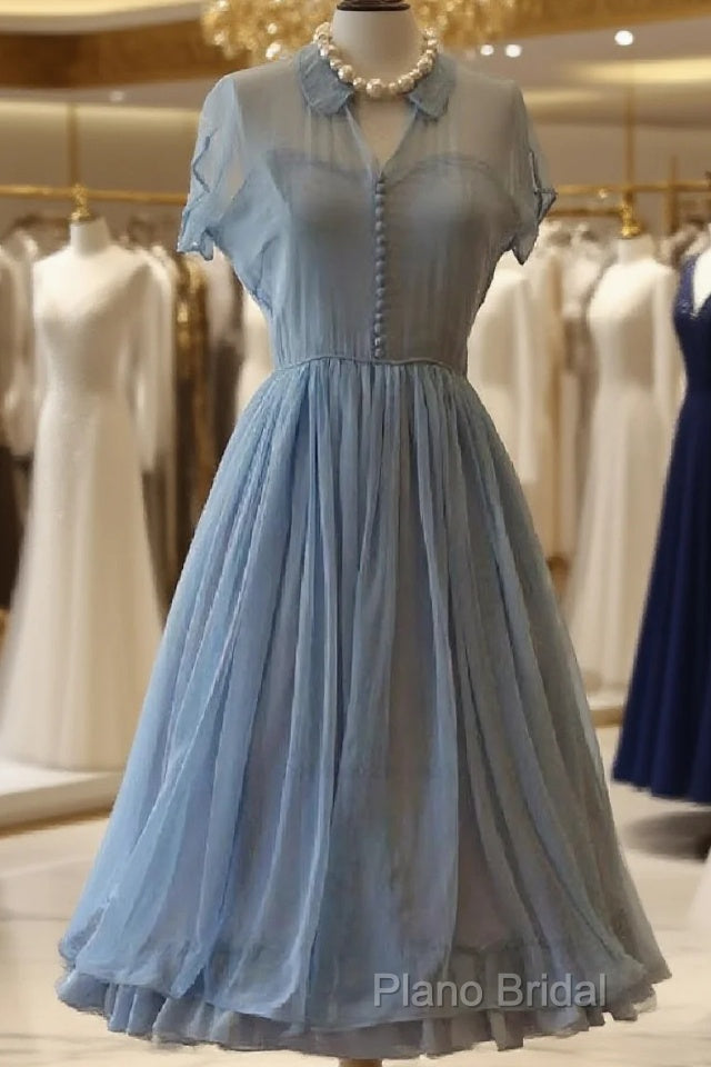 Light Dresses, Chiffon Elegant A Line Doll Collar Short Sleeves Homecoming Blue Chiffon Vintage Style Dresses Main image