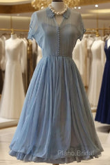 Light Dresses, Chiffon Elegant A Line Doll Collar Short Sleeves Homecoming Blue Chiffon Vintage Style Dresses