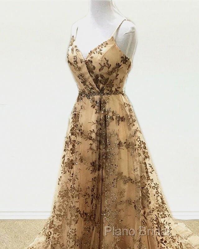 Light Gold Sequin Pattern Formal Prom Dresses V Neck Split