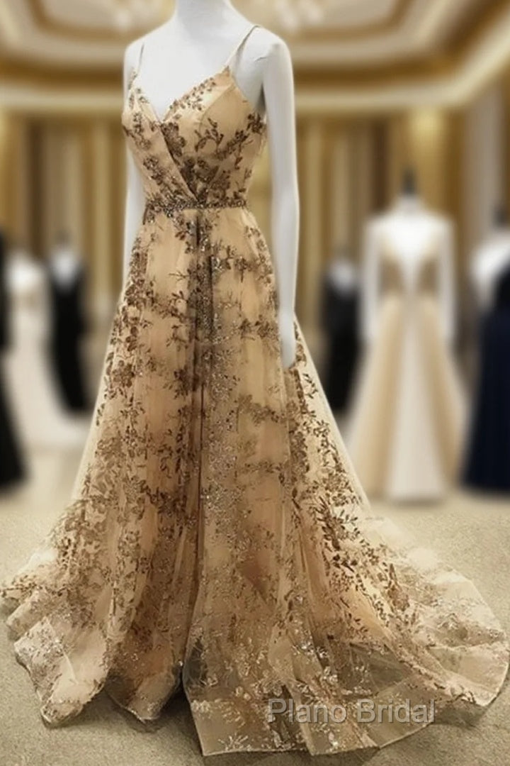 Light Gold Sequin Pattern Formal Prom Dresses V Neck Split Main image