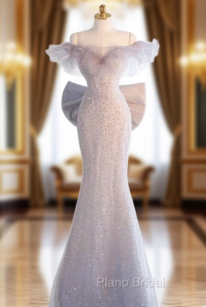 Light Gray Sequins Off the Shoulder Formal Prom Dresses