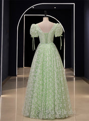 Light Green Floral V-Neckline Short Sleeves Party Dresses, A-Line Green Formal Dresses