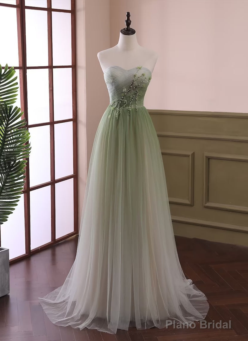 Light Green Gradient Tulle Long Formal Dress, Green Beaded Sweetheart Prom Dresses Secondary image
