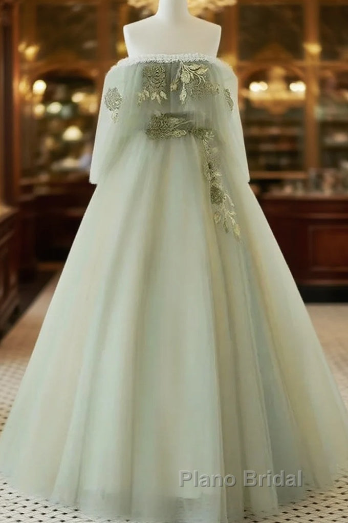 Light Green Off Shoulder Tulle Long Formal Prom Dresses A-Line Green Party Dresses Main image