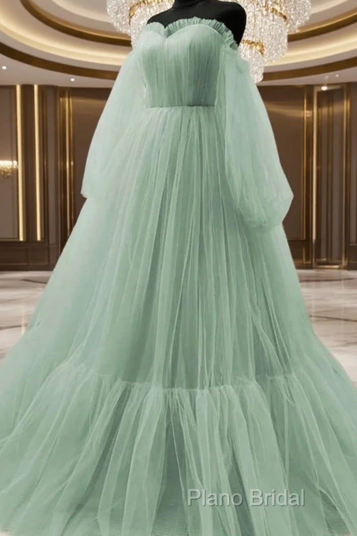 Light Green Puffy Sleeves Tulle Long Formal Dresses, Light Green Formal Prom Dresses