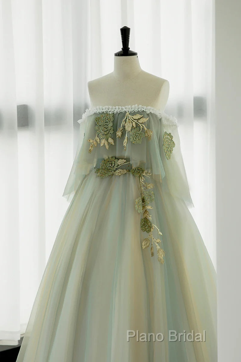 Light Green Scoop Off Shoulder A-Line Tulle Formal Prom Dresses, Light Green Formal Dresses Secondary image