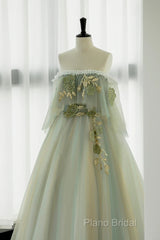 Light Green Scoop Off Shoulder A-Line Tulle Formal Prom Dresses, Light Green Formal Dresses