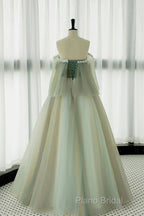 Light Green Scoop Off Shoulder A-Line Tulle Formal Prom Dresses, Light Green Formal Dresses