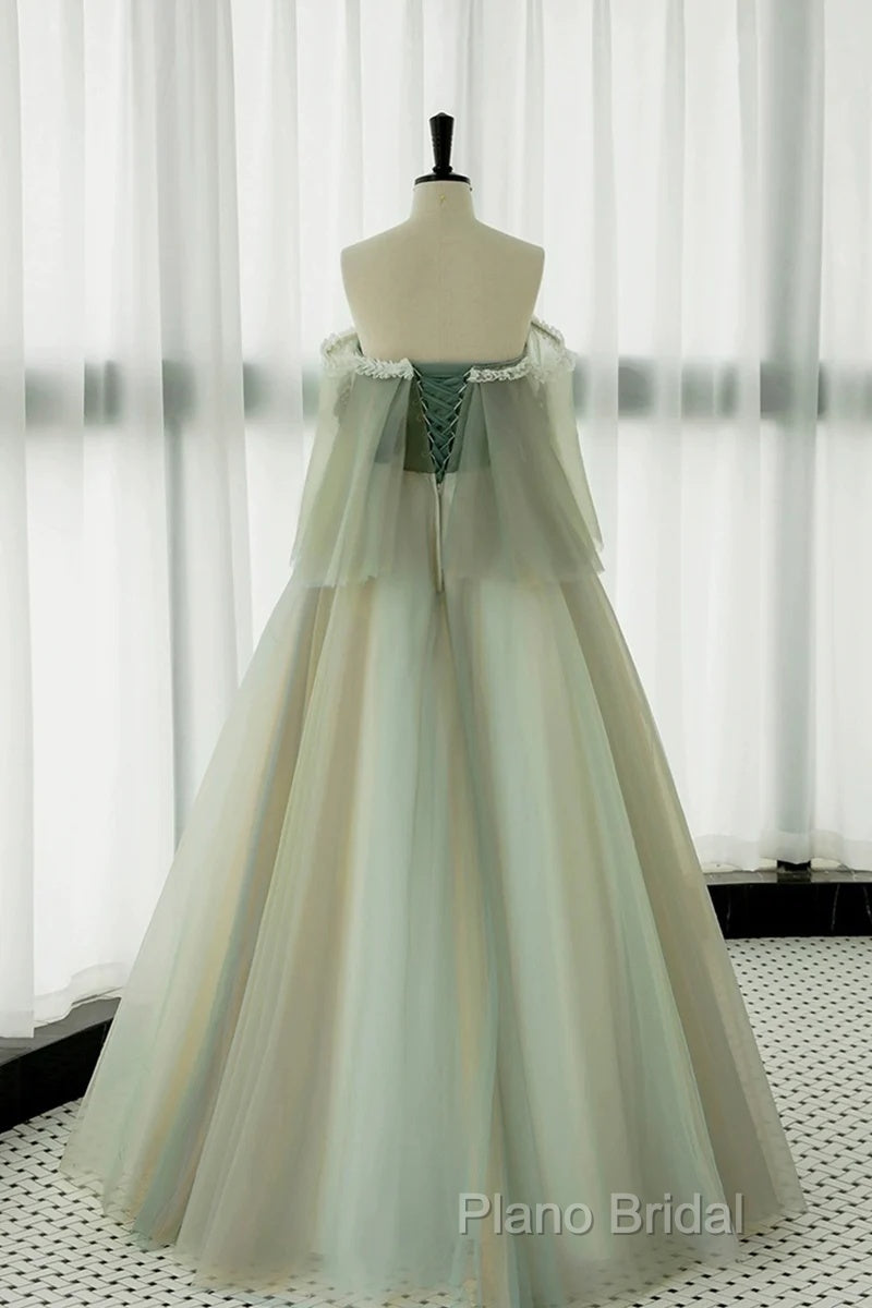 Light Green Scoop Off Shoulder A-Line Tulle Formal Prom Dresses, Light Green Formal Dresses