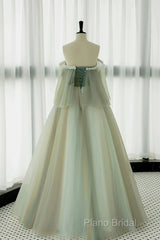 Light Green Scoop Off Shoulder A-Line Tulle Formal Prom Dresses, Light Green Formal Dresses
