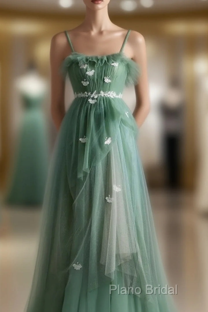 Light Green Straps Tulle Floor Length A-Line Formal Prom Dresses, Tulle Scoop Party Dresses Formal Dresses Main image