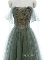 Light Green Sweetheart A-Line Formal Prom Dresses, Green Long Party Dresses With Lace Applique