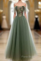 Light Green Sweetheart A-Line Formal Prom Dresses, Green Long Party Dresses With Lace Applique