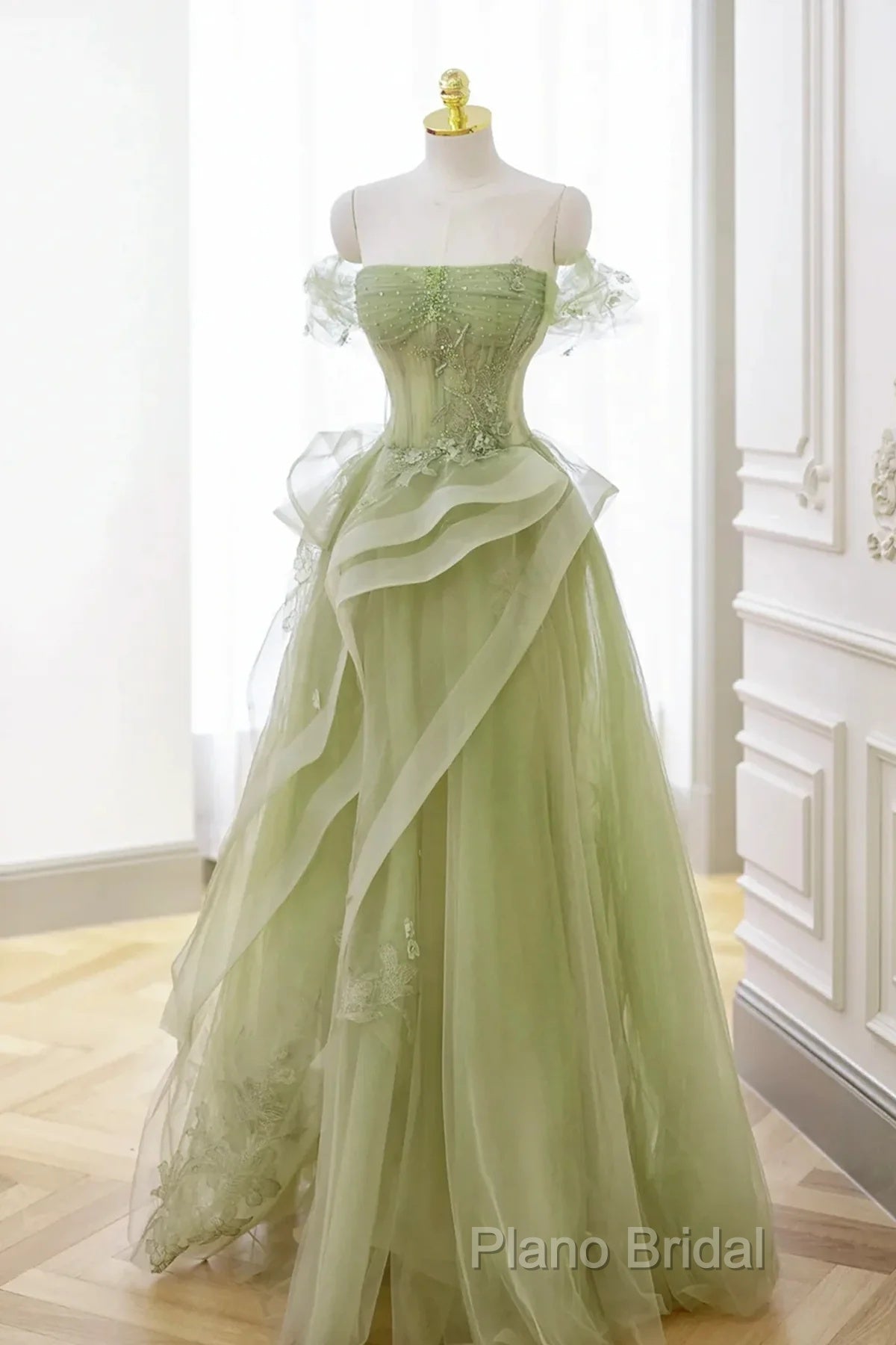 Light Green Sweetheart Beaded Off Shoulder Party Dresses, Light Green Tulle Formal Prom Dresses Secondary image