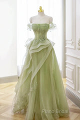 Light Green Sweetheart Beaded Off Shoulder Party Dresses, Light Green Tulle Formal Prom Dresses