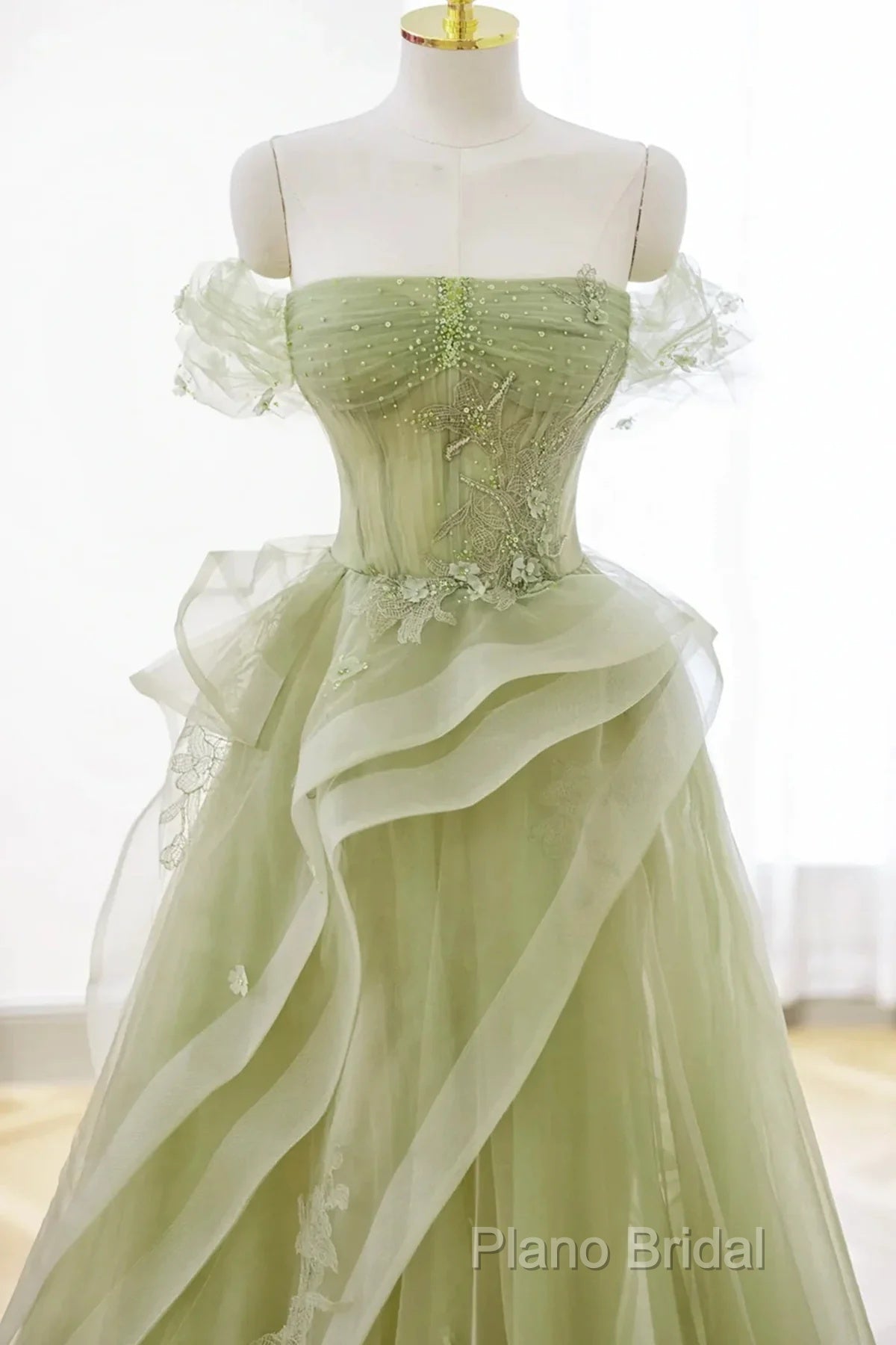 Light Green Sweetheart Beaded Off Shoulder Party Dresses, Light Green Tulle Formal Prom Dresses