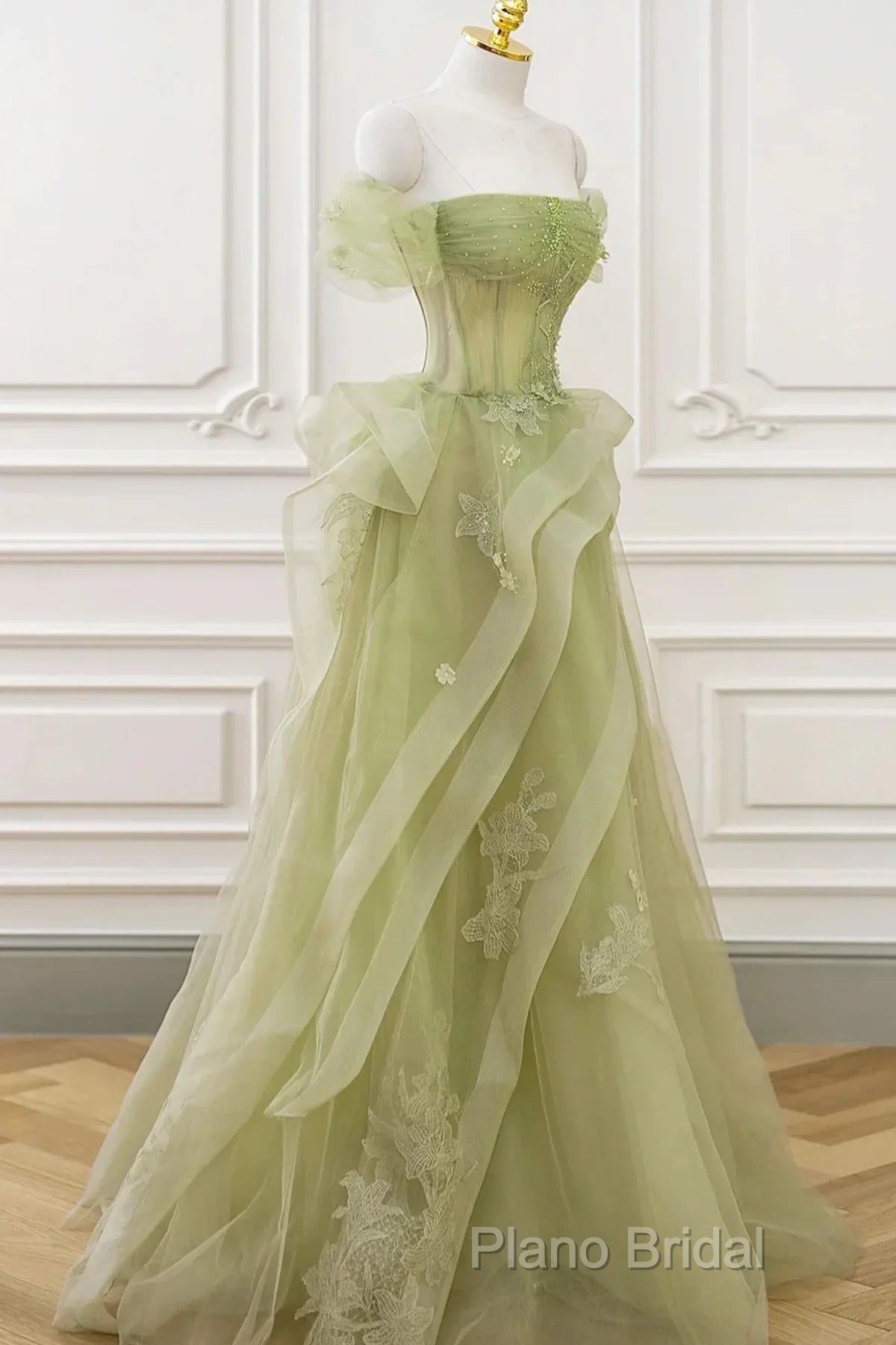 Light Green Sweetheart Beaded Off Shoulder Party Dresses, Light Green Tulle Formal Prom Dresses