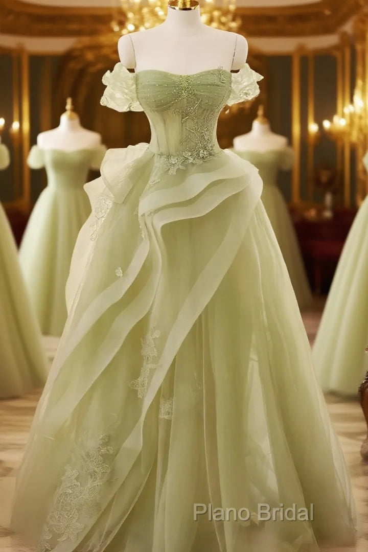 Light Green Sweetheart Beaded Off Shoulder Party Dresses, Light Green Tulle Formal Prom Dresses Main image