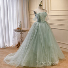 Light Green Tulle Beaded Ball Gown Off Shoulder Party Dresses, Green Sweet 16 Dresses