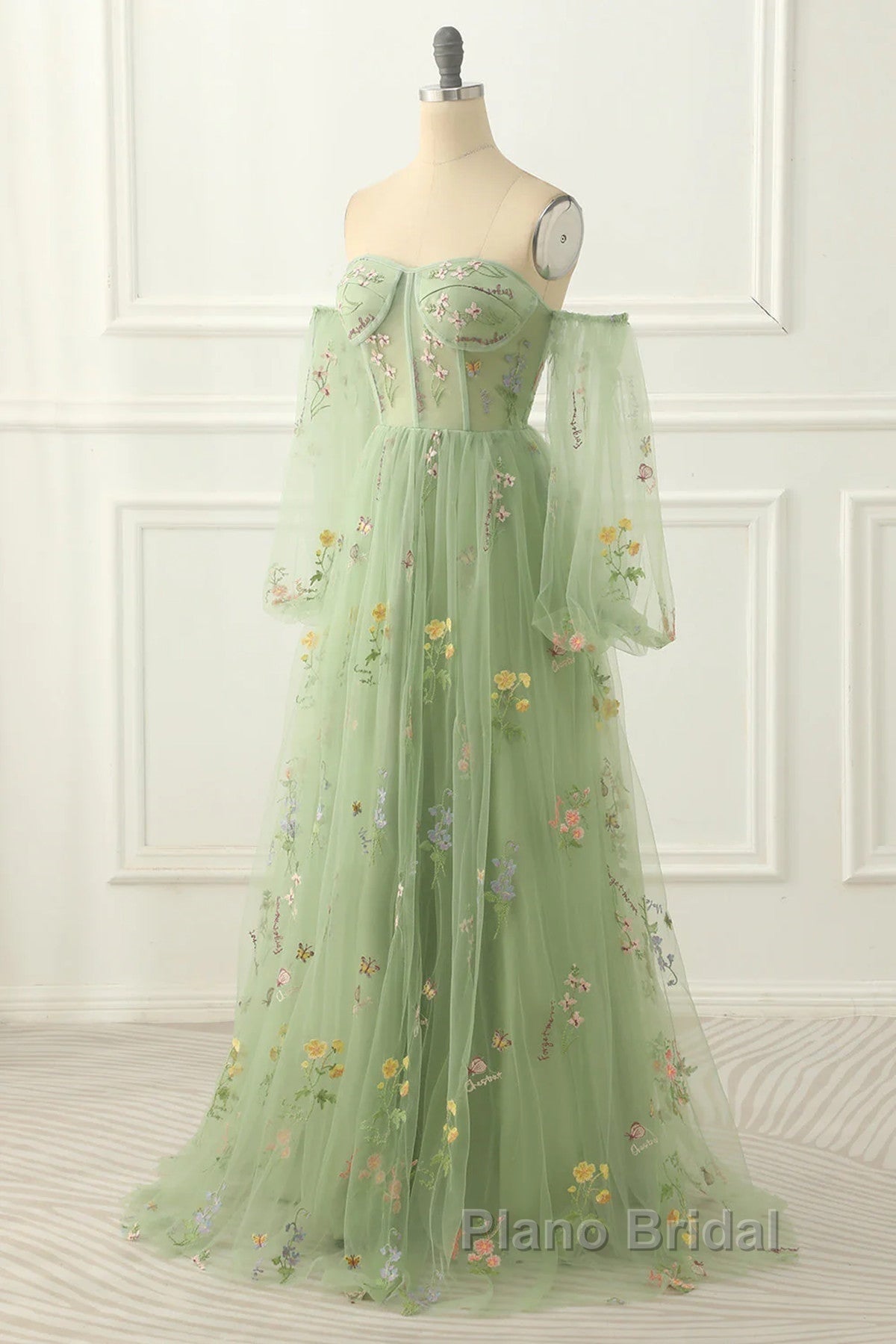 Light Green Tulle Floral Sleeves Long Party Dresses, A-Line Light Green Formal Prom Dresses Secondary image