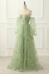 Light Green Tulle Floral Sleeves Long Party Dresses, A-Line Light Green Formal Prom Dresses