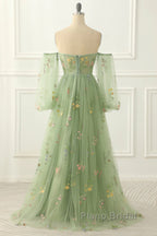 Light Green Tulle Floral Sleeves Long Party Dresses, A-Line Light Green Formal Prom Dresses