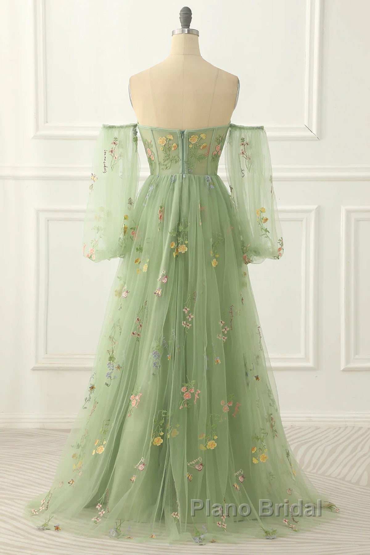 Light Green Tulle Floral Sleeves Long Party Dresses, A-Line Light Green Formal Prom Dresses