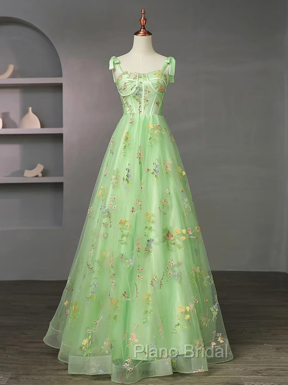 Light Green Tulle Floral Straps Long Formal Dresses, Light Green Formal Prom Dresses