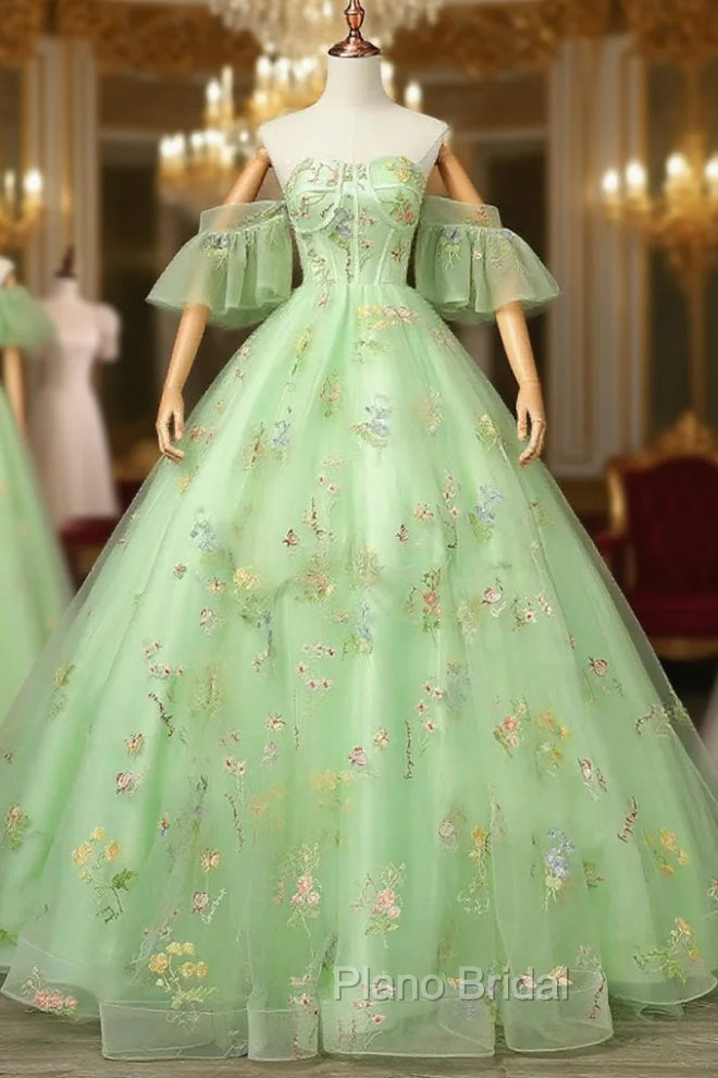 Light Green Tulle Floral Straps Long Formal Dresses, Light Green Formal Prom Dresses Main image